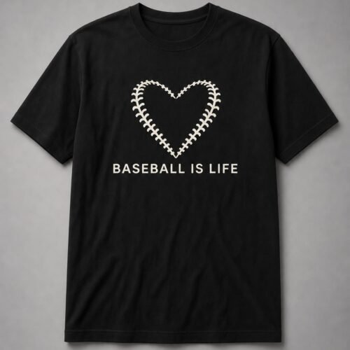 Baseball Is Life Stitched Heart Unisex T-Shirt - Black